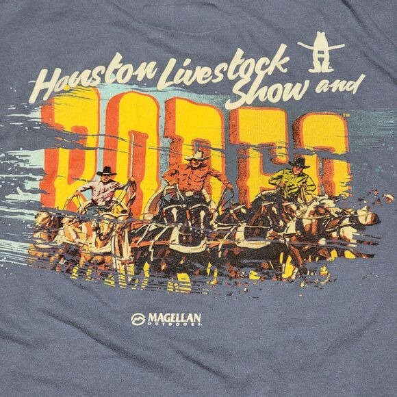 Magellan SS Blue Unisex Tee "Houston Livestock Show & Rodeo" Cowboys Riding - XL - Picture 1 of 6